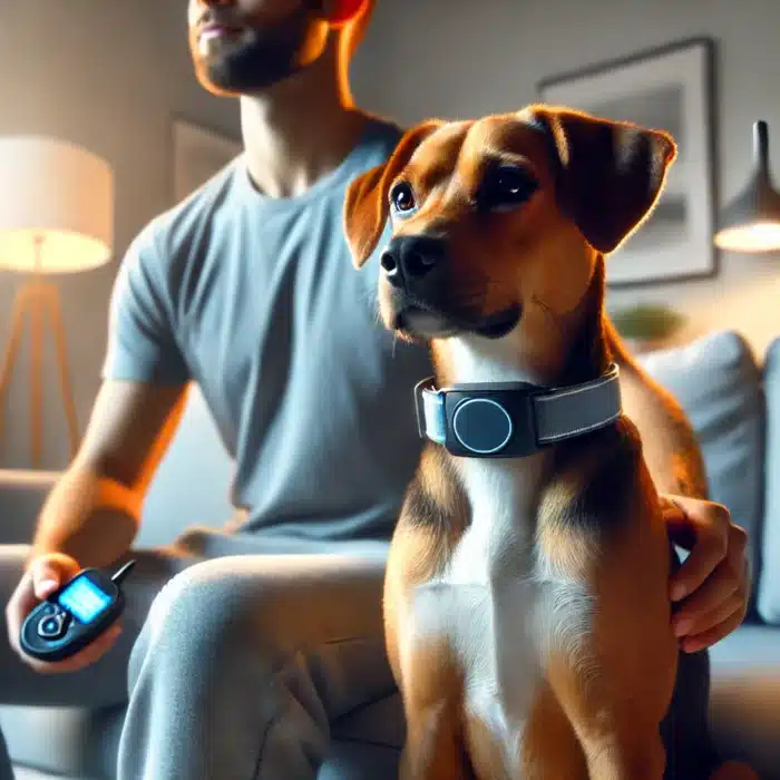 DALL·E 2024 10 31 14.05.28 A realistic image of a calm dog wearing an electronic collar sitting comfortably beside its owner looking relaxed and attentive. The setting is indo 1