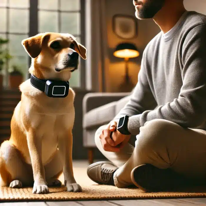 DALL·E 2024 10 31 14.13.15 A realistic image of a calm dog wearing an electronic collar sitting comfortably next to its owner indoors looking attentive and relaxed. The settin