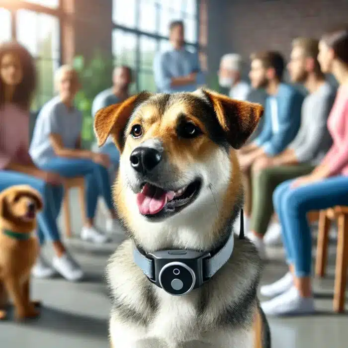 DALL·E 2024 10 31 14.27.08 A realistic image of a calm dog wearing an electronic collar sitting calmly in a social setting surrounded by people or other dogs looking relaxed