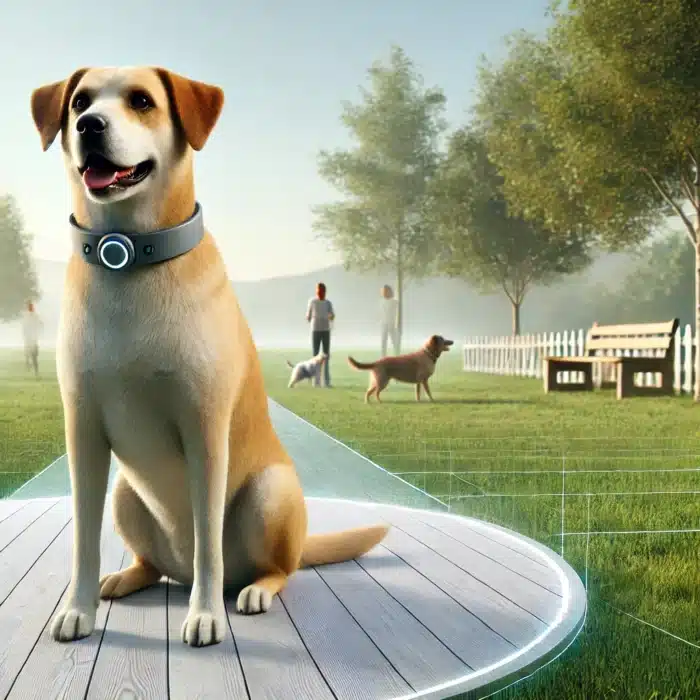 DALL·E 2024 10 31 14.56.25 A realistic image of a calm dog wearing an electronic collar sitting in a peaceful outdoor environment with mild distractions around such as a few