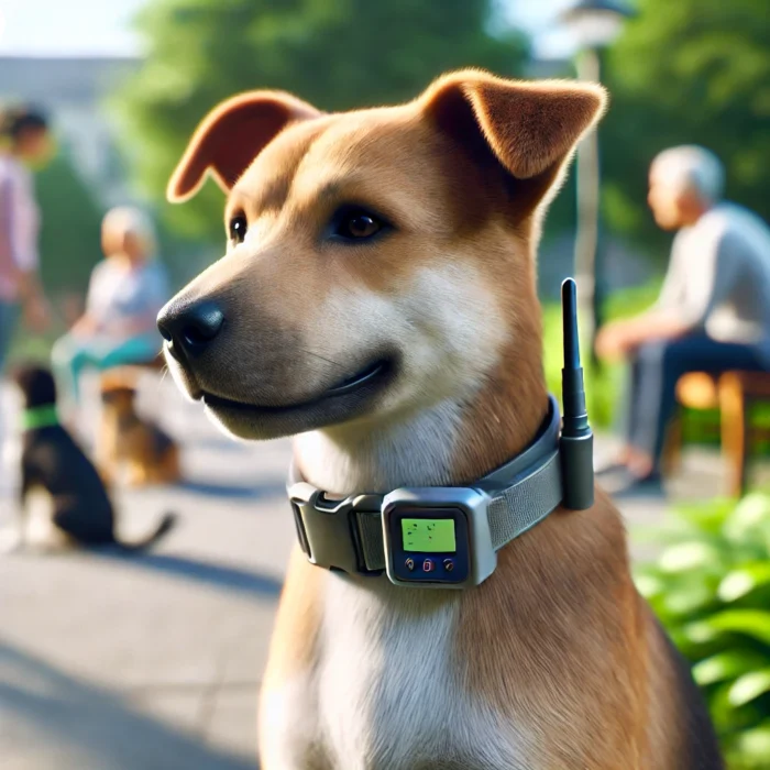 DALL·E 2024 10 31 15.03.55 A realistic image of a calm dog wearing an electronic collar sitting peacefully in an outdoor environment. The dog appears relaxed with mild distrac